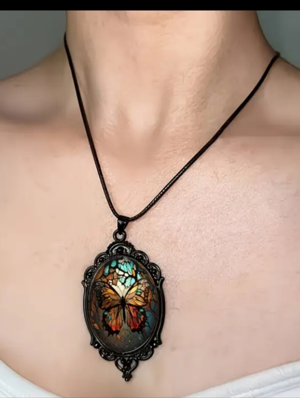 Vintage Butterfly Glass Pendant Necklace in Black